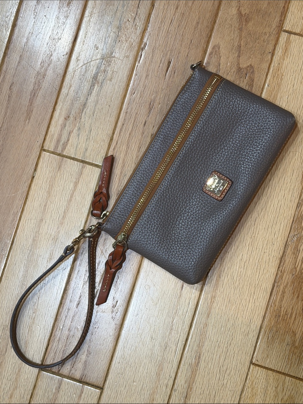Dooney & Bourke Gray Pebbled Leather Wristlet with Tan Accents, red inside